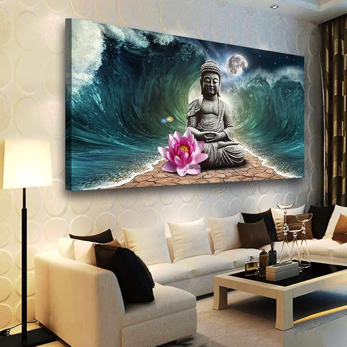 Canvas Wall Art Buddha Pictures Home Decor Grey Zen in The Background of Moon and Waves Poster Prints Painting for Living Room Bedroom Bathroom Kitchen Office Decoration Hindu Artwork 20x40 Inches