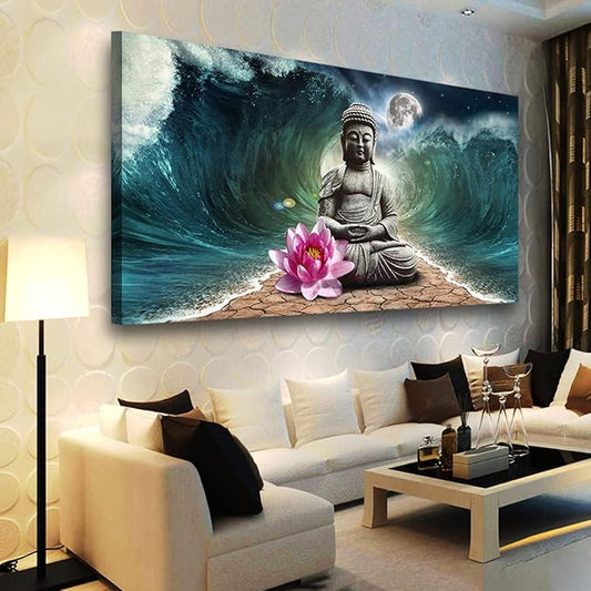 Canvas Wall Art Buddha Pictures Home Decor Grey Zen in The Background of Moon and Waves Poster Prints Painting for Living Room Bedroom Bathroom Kitchen Office Decoration Hindu Artwork 20x40 Inches