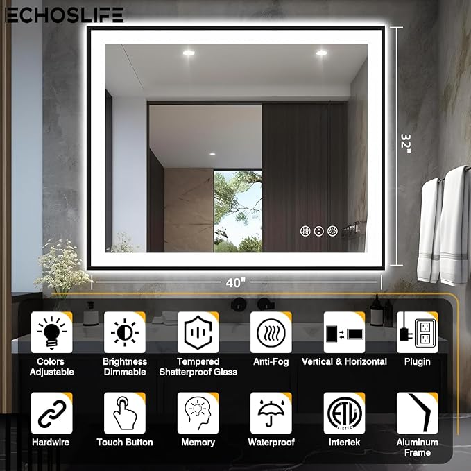 40x32 LED Bathroom Mirrors for Wall -Black Aluminum Framed (Front and Backlit), Anti-Fog Vanity Mirror With Lights,Stepless Dimmable Lighted Mirror,3 Colors Smart Mirror(Horizontal/Vertical)