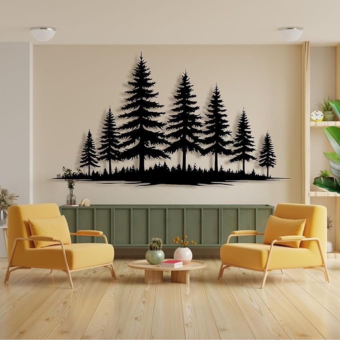lunwall Metal Pine Tree Wall Art, Metal Forest Wall Art, Pine Branch Wall Decor, Christmas Tree Wall Decor, Forest Wall Hanging, Nature Lover Gift (Style 2, 35" W x 20" H / 90 x 51 cm)