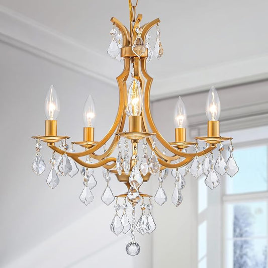 5-Light Crystal Maria Theresa Chandeliers, Pendant Light Fixture for Dining Room, Living Room, D17 x 21~69" (Adjustable Height), Clear Crystal & Gold Finish Frame