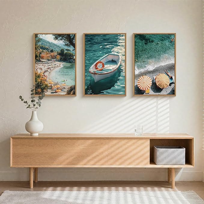 Aryroi Mediterranean Coastal Ocean Framed Canvas Wall Art Set, Natural Blue Green Beach Scenery Wall Decor,Modern Summer Sea Boat Umbrella Artwork for Living Room, Bedroom,Farmhouse- 16"x24"x3