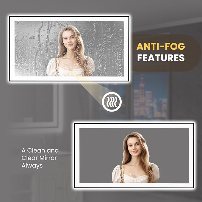 LOAAO 55"X30" LED Bathroom Mirror Black Framed, Anti-Fog, Dimmable, Lighted Bathroom Vanity Mirror for Wall, Memory Function, Tempered Glass