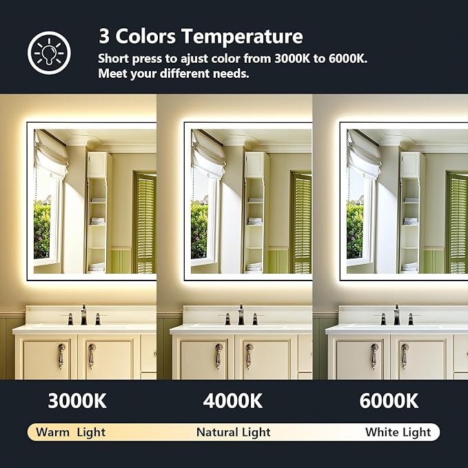 57x36 Inch LED Bathroom Mirror with Lights (Front Lit and Backlit) Black Framed Lighted Vanity Mirror for Bathroom Wall Dimmable Anti-Fog Memory Tempered Glass Horizontal/Vertical