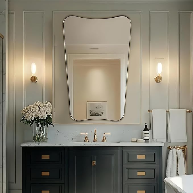 ANDY STAR Gold Vanity Mirror, 26x38 Inch Brushed Gold Asymmetrical Wall Mirror, Antique Brass Bathroom Mirror in Anti-Rust Stainless Steel Metal Frame, Large Decorative Mirror, Butterfly Shape