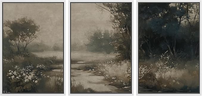 MUDECOR Framed Wall Art Print Set Vintage Landscape Subtle Forest and River in Earthy Tones Illustrations Modern Art Boho Decorative Colorful Chic for Living Room, Bedroom, Office - 16"x24"x3 White