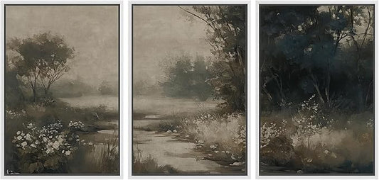MUDECOR Framed Wall Art Print Set Vintage Landscape Subtle Forest and River in Earthy Tones Illustrations Modern Art Boho Decorative Colorful Chic for Living Room, Bedroom, Office - 16"x24"x3 White