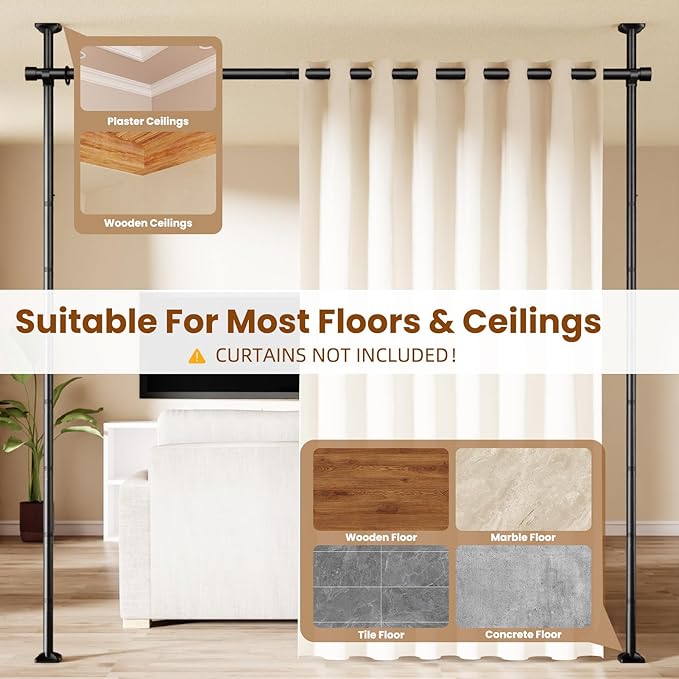 Bonpally Room Divider Curtain Rod, No Drilling Room Separator for Space Partition, 4-10ft (H) 28-70 inch(W) Adjustable Heavy Duty Temporary Wall Divider Floor to Ceiling Tension Rod, Black