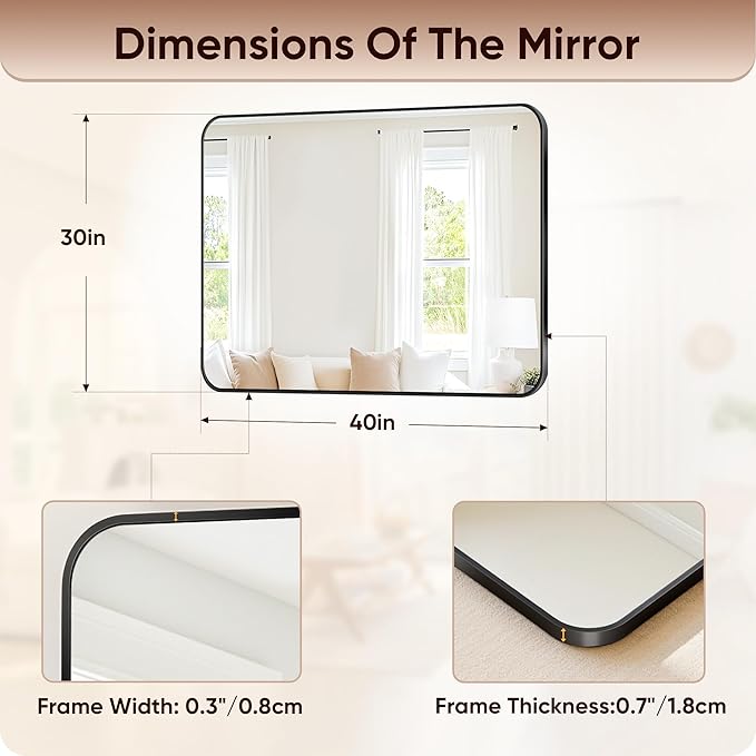 Antok Wall Mirror, 30"x40" Bathroom Vanity Mirror, Anti-Rust HD Tempered Glass, Wall Mounted Mirrors for Living Room, Entryway, Black Frame, Rect