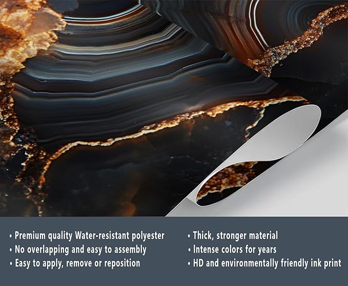 3D Agate Stone Mural Wallpaper, Black Gold Marble Murals, Modern Fashion Marble Murals, Wallpaper for Living Room Bedroom Boy Girl Room Home Decor Mural (Not Peel Stick)