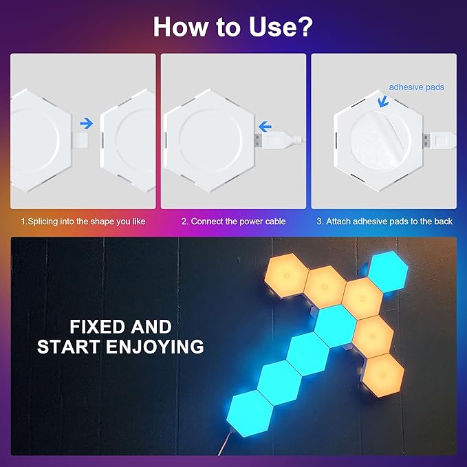 10Pcs RGB Hexagon Light Panels LED Wall Lights, Smart Modular Gaming Lights Creative Wall Lights with APP, Cool DIY Honeycomb Shape Panels Hexagon Lights with Music Sync for Indoor Decor