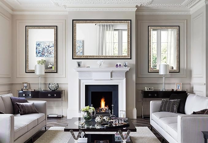 Large Vintage Wall Mirror for Vanity, 40"x28", Black Antique Mirror with Silver Foil Flower Petal Carvings Wooden Frame for Living Room, Entryway, Bathroom and Bedroom