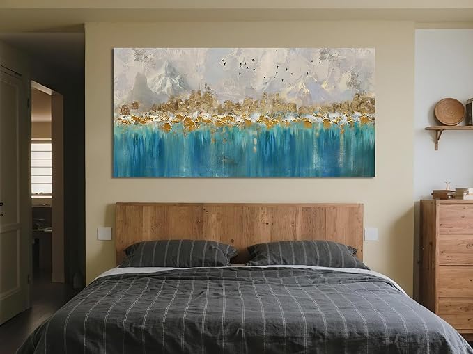 Arjun Abstract Canvas Wall Art for Mens Room, Gold Mountain Hand Painted Textured Extra Large Bedroom Painting Artwork Framed Home Office Wall Decor, 58"x29"