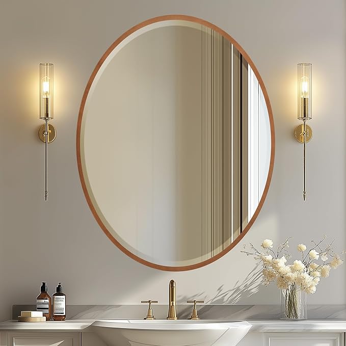 OVALCREST - Oval Wooden Beveled Wall Mirror for Home Decor, Bathroom, Vanity, Bedroom, Living Room, Hallway - London Style (Sunset Gold) 31.1 x 25.1