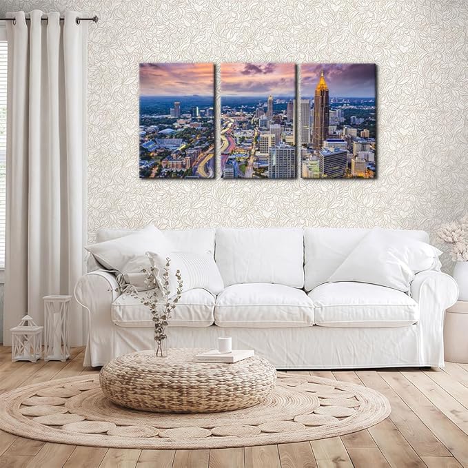 Pacimo Atlanta Cityscape Wall Art Painting Georgia City Skyline Pictures Print on Canvas for Home Decoration Downtown Skyscrapers Painting Stretched and Framed Ready to Hang - 20"x28"x3 Panels