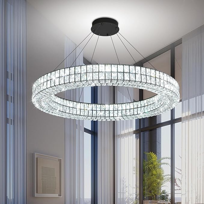 47.5 inch Large Black Chandelier Round Crystal Chandelier Light for High Ceiling Ring Pendant Hanging Ceiling Light Led Dimmable 2700k-6000k