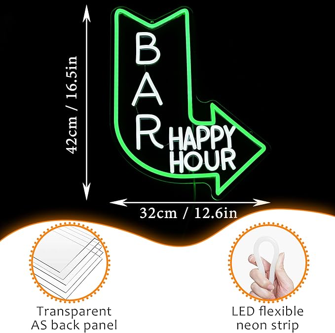 LISIGNVE Bar Happy Hour Neon Sign Adjustable Brightness Happy Hour Neon Light for Wall Decor LED Bar Light Up Sign for Beer Pub Club Party Man Cave (16.5”*12.6”)