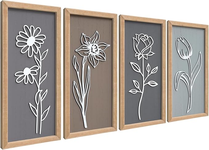 3D Wooden Floral Framed Wall Decor of 4, 7"X16" Farmhouse Vintage Boho Minimalist Flower Wall Art for Living Room, Rustic Retro Moody Vertical Tulip Rose Daisy Daffodil Botanical Wall Sculptures