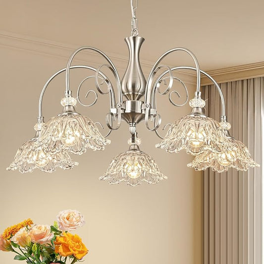 5-Light Chandeliers in Brushed Nickel Finish with Crystal Glass Shades, Brushed Nickel Chandelier Light for Dining Room,Hallway,Kitchen