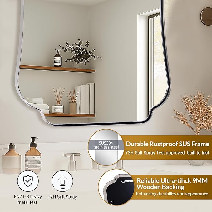 ANDY STAR Chrome Bathroom Mirror 24x32 Inches, Modern Scalloped Edge Wall Mirror with Stainless Steel Frame for Hallway, Lounge and Vanity Area