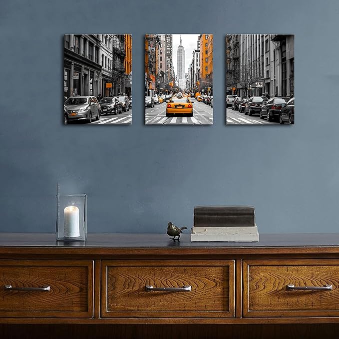 New York City Wall Art Black and White USA Street Poster Urban Yellow Taxi Car Wall Decor Building Picture Modern NYC Scenenry Panorama Artwork for Living Room Bedroom Office Home Decoration 12x16" 3P