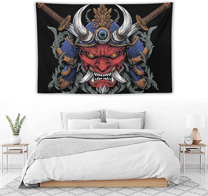 UUKXKUU Oriental Retro Mask Symmetry Samurai Japanese Tapestry Large Wall Art Decor Wall Hanging Flag Backdrop for Living Room Dorm Office Bedroom 40"×60"