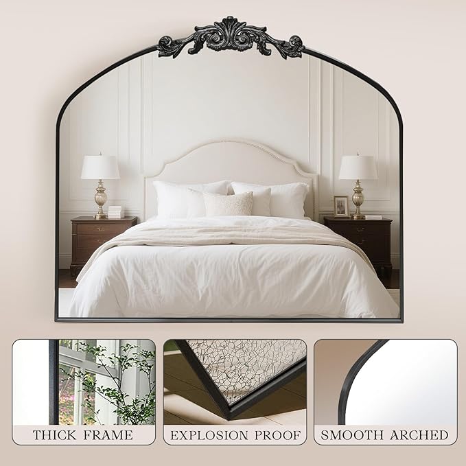 MISSDAY Vintage Matte Black Baroque Mirror for Wall, 36"X30" Arched Antique Wall Mirror with Elegant Carving Top, Full Metal Frame Wall-Mounted Mirror for Bathroom, Living Room, Fireplace, Entryway