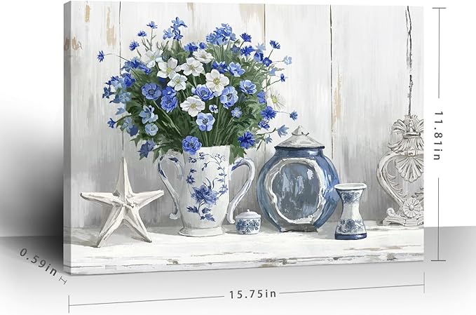 Nicetop Bathroom Decor Wall Art Vintage Coastal Picture Blue and White Anemone Flowers in Vase with Starfish and Bottle Pottery Canvas Print Rustic Country Farmhouse Artwork for Bedroom 16x12 Inch