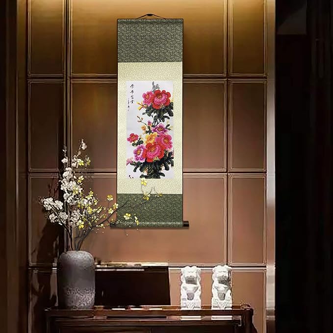 AtfArt Asian Wall Decor Beautiful Silk Scroll Painting Flower - Prosperity - Enjoy Honor and Distinction Oriental Decor Chinese Art Wall Scroll Wall Hanging Painting Scroll (39 x 12 in)