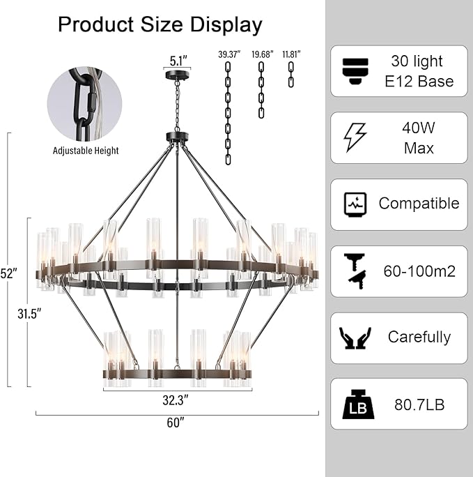 60" Black Chandelier, 2 Tier Wagon Wheel Chandelier with Glass Shade, 30-Lights Large Round Modern Farmhouse High Ceilings Pendant Lighting Fixture for Dining Room, Living Room, Kitchen, Foyer