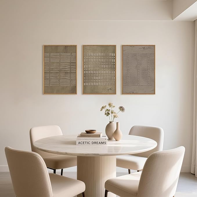 Aryroi Large Abstract Brown Beige Framed Canvas Wall Art,Modern Lines Dots Wall Decor,Boho Neutral Minimalist Artwork,Mid Century Geometric Art Print for Living Room,Bedroom,Office- 24"x36"x3