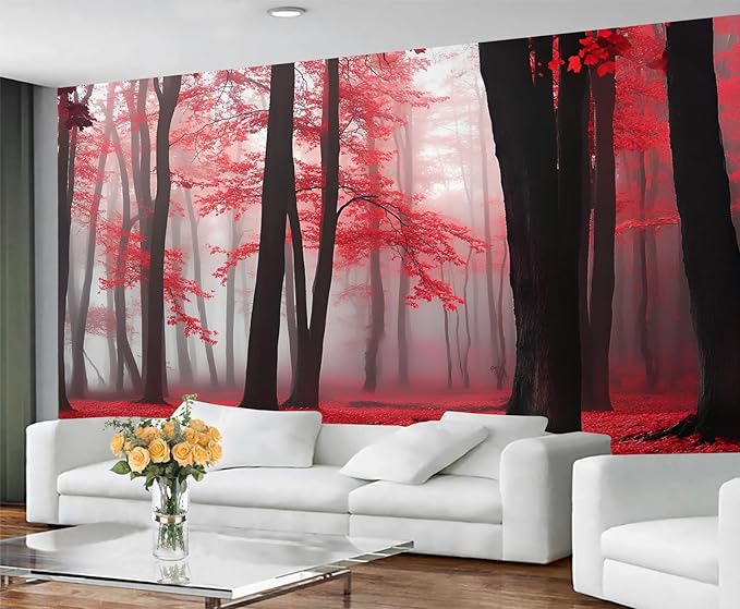Misty Forest Mural Wallpaper, Red Forest Murals, 3D Natural Landscape Murals Wallpaper for Living Room Bedroom Home Decor Mural - 98.4" W x 68.23" H (Not Peel Stick)