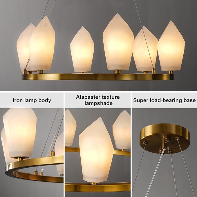Alabaster Chandeliers, 23" 6-Light Modern Large Chandelier for Living Room with Bulb, Bedroom Wagon Wheel Chandelier, Round Gold Chandeliers for Entryway, Foyer Lighting Fixtures Hanging Light