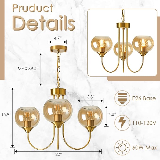 Mid Century Modern Globe Chandelier 3 Light Amber Glass Vintage Sputnik Chandeliers Gold Pendant Light Fixtures for Dining Room Kitchen Living Room Bedroom