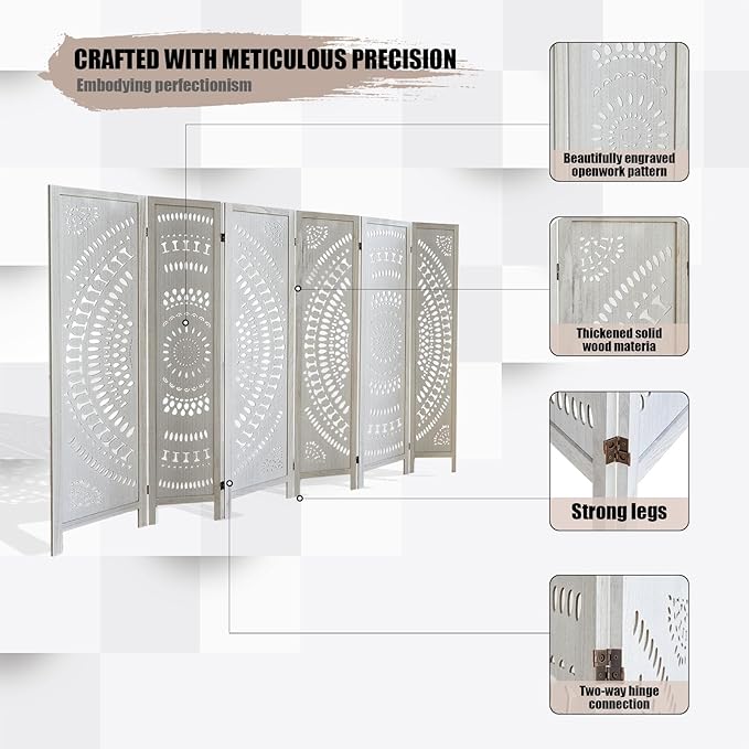 6 Panel Wood Room Divider Fully Assembled, Decorative Room Dividers and Folding Screens, 5.6Ft Room Divider Screen Freestanding Partition Wall Dividers for Home Bedroom Office, White