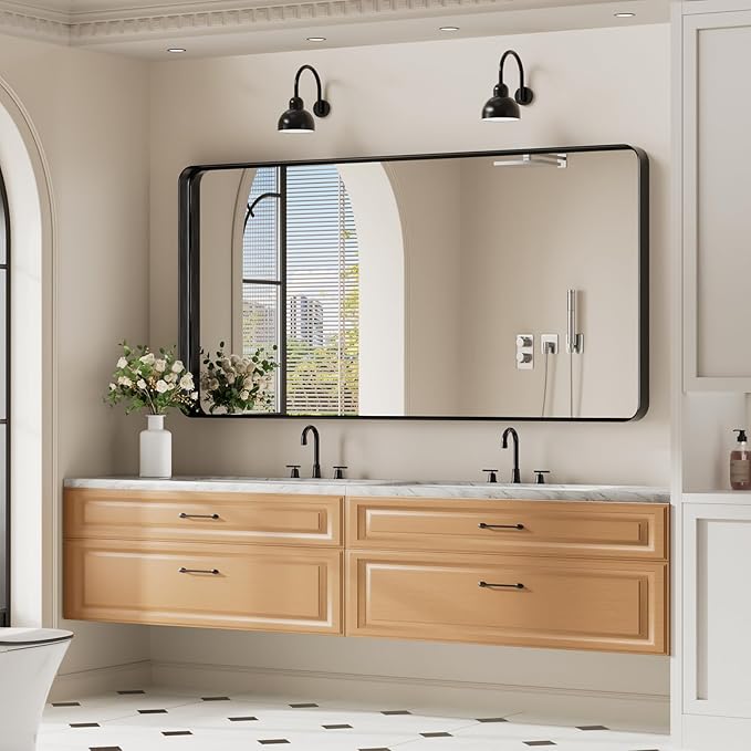 Koonmi Black Bathroom Mirror for Wall, 30x60 Inch Matte Metal Deep Framed Rounded Corner Wall Mirror, Shatterproof Tempered Glass for Farmhouse Bedroom Entryway, Vertically or Horizontally