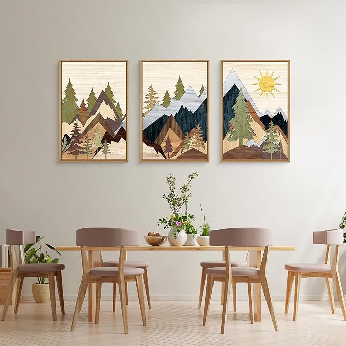 Mountain Pine Tree Framed Canvas Wall Art Set, Nature Wilderness Illustration Wall Decor, Woodcut Forest Wall Painting, Mid Century Modern Art Print for Living Room Bedroom Office 16"x24"x3