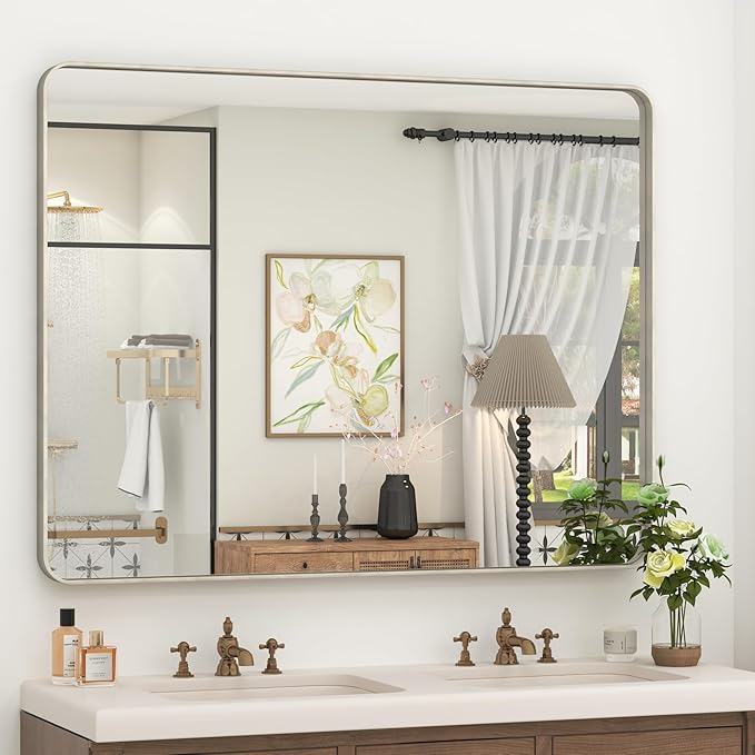 48x36 Inch Brushed Nickel Bathroom Mirror, Brushed Silver Metal Framed Wall Mirror, Rounded Corner Rectangle Modern Vanity Mirror, Tempered Glass, Anti-Rust, Shatterproof (Horizontal/Vertical)
