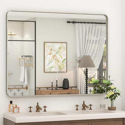48x36 Inch Brushed Nickel Bathroom Mirror, Brushed Silver Metal Framed Wall Mirror, Rounded Corner Rectangle Modern Vanity Mirror, Tempered Glass, Anti-Rust, Shatterproof (Horizontal/Vertical)