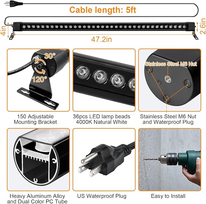 72W Outdoor Wall Washer Light,2 Pack 47.2 inch 4000K LED Wall Wash Lights Bar,IP67 Waterproof 120V LED Wall Washer Light Bar for Outdoor Indoor Building Sign, Hurches,Garden,Courtyards Lighting