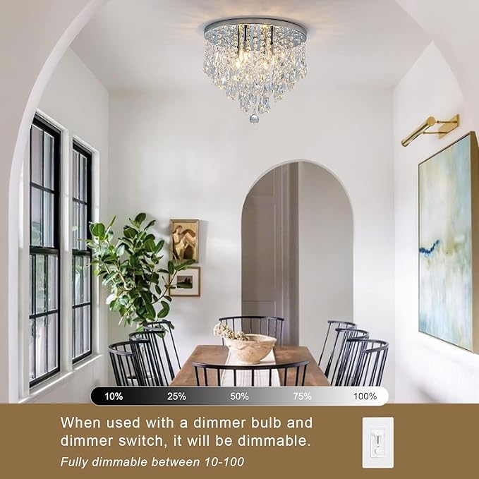 4-Light Crystal Chandeliers Flush Mount, 14 Inches Bedroom Close to Ceiling Lamp, Modern G9 Base Ceiling Light Fixture for Dining Room, Bedroom, Bathroom, Living Room, Closet (Chrome)