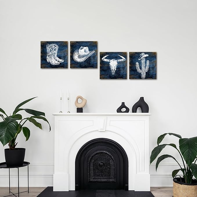 KLVOS Navy Blue Cowboy Wall Art Décor Hat and Boots Painting Cactus Bull Skull Canvas Art Prints Western Picture for Man Cave Room Decor 12x12inchx4 Piece