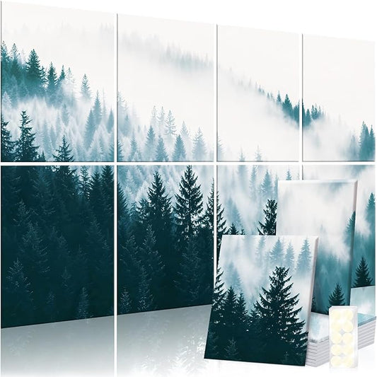 8 Pack Decorative Sound Absorbing Panels, Sound Absorbing Wall Art, 48X32 Inches Acoustic Wall Art for Decoration, Art Acoustic Panels, Acoustic Treatment, Adhesive Included, Misty Forest