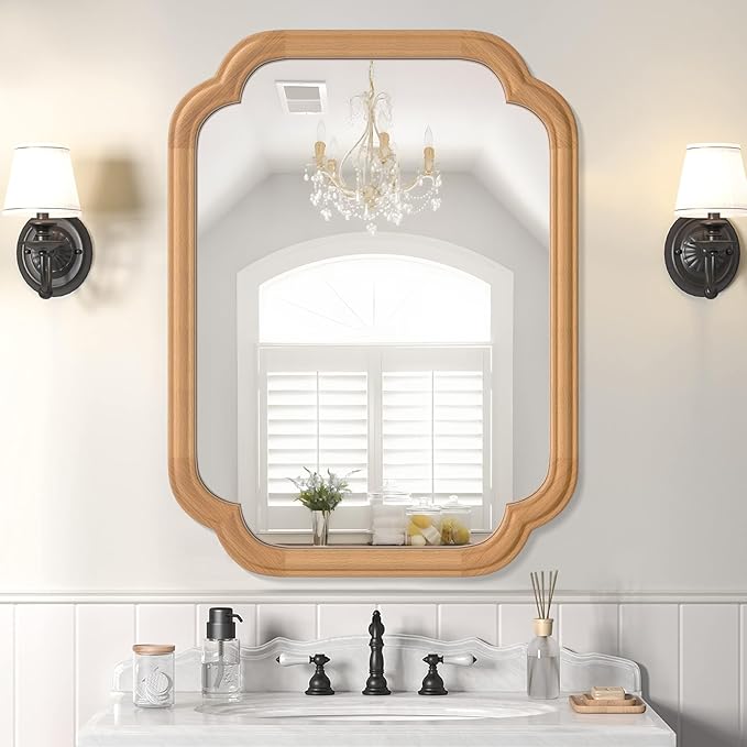 Natural Wood Framed Mirror,18X24 Inch Bathroom Mirror for Over Sink Wood Mirror for Bathroom Modern Rounded Corner Rectangle Wall Mounted Mirror for Bathroom (Horizontal/Vertical)