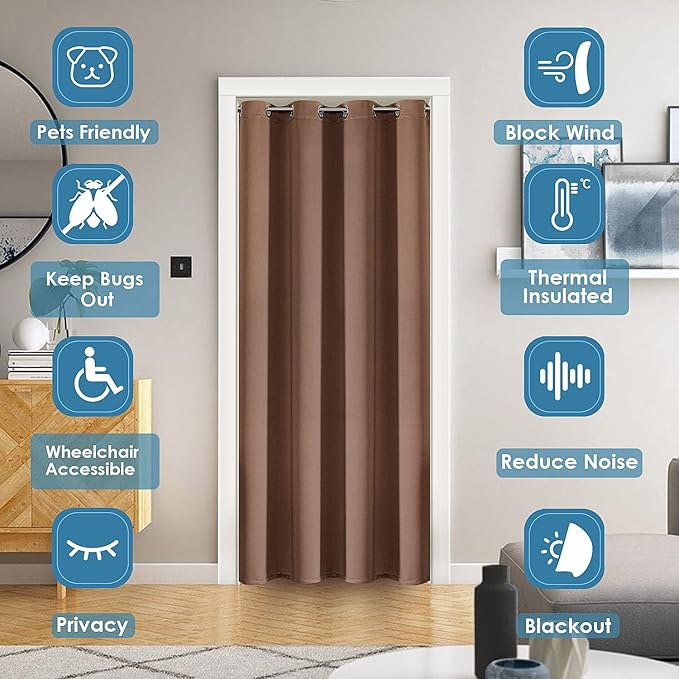 ChrisDowa Blackout Door Curtains for Doorway Privacy, Grommet Closet Curtains for bedroom closet door, Thermal Insulated Temporary Doorway Cover Room Divider Drapes (1 Panel, Cappuccino, 42 x 80 Inch)