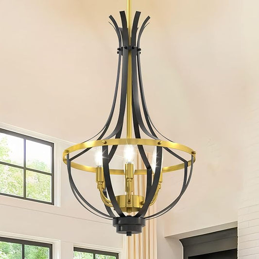 Black and Gold Chandelier, 6-Light Dining Room Light Fixture, Farmhouse Kitchen Island Lighting, Modern Kitchen Chandeliers Over Table, Hanging Pendant Lights for Bedroom, Foyer, Staircase, Entry