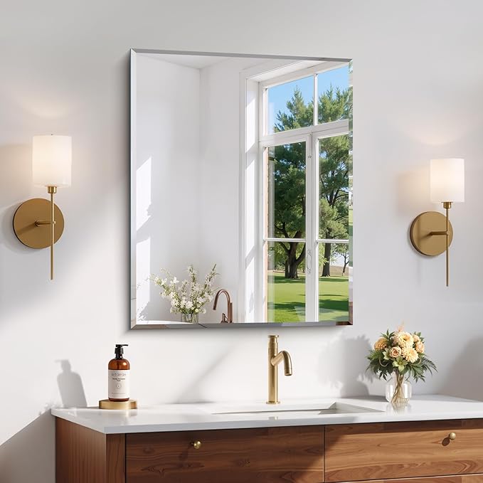 Beveled Mirror, 24x30 Frameless Beveled Bathroom Mirrors for Wall, Upgraded Shatterproof Rectangle Vanity Mirror with Beveled Edge for Bathroom, Bedroom, Living Room and Entryway