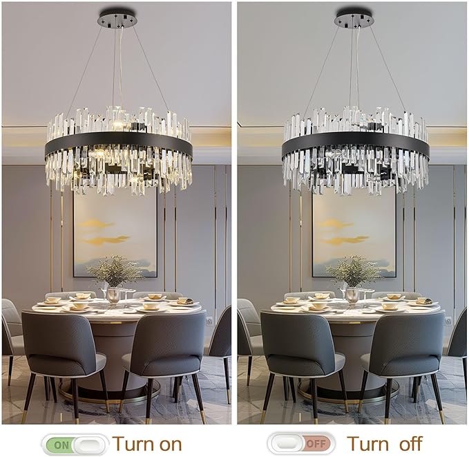 24'' Modern Black Crystal Chandeliers for Dining Room,2 Tiers K9 Crystal 12-Lights Luxury Chandelier Light Fixture Contemporary Pendant Ceiling Light for Living Room Kitchen Island Foyer