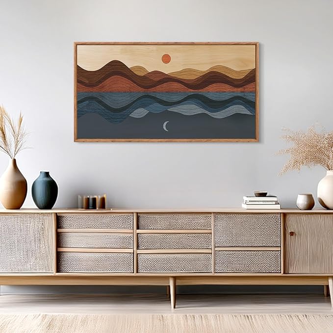 CHDITB Framed Canvas Wall Art For Bedroom, Sun And Moon Long Horizontal Wall Decor, Mid Century Modern Painting, Vintage Abstract Wave Line Poster, Mountain Sea Artwork For Living Room Office 40”X20”