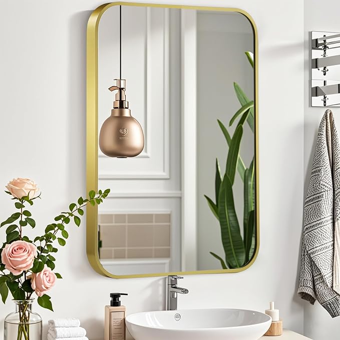 20x30 Inch Gold Mirror, Framed Rectangle Mirror with Rounded Corner, Brushed Brass Mirror, Gold Bathroom Mirror for Over Sink, Vanity, Living Room, Bedroom, Horizontal/Vertical